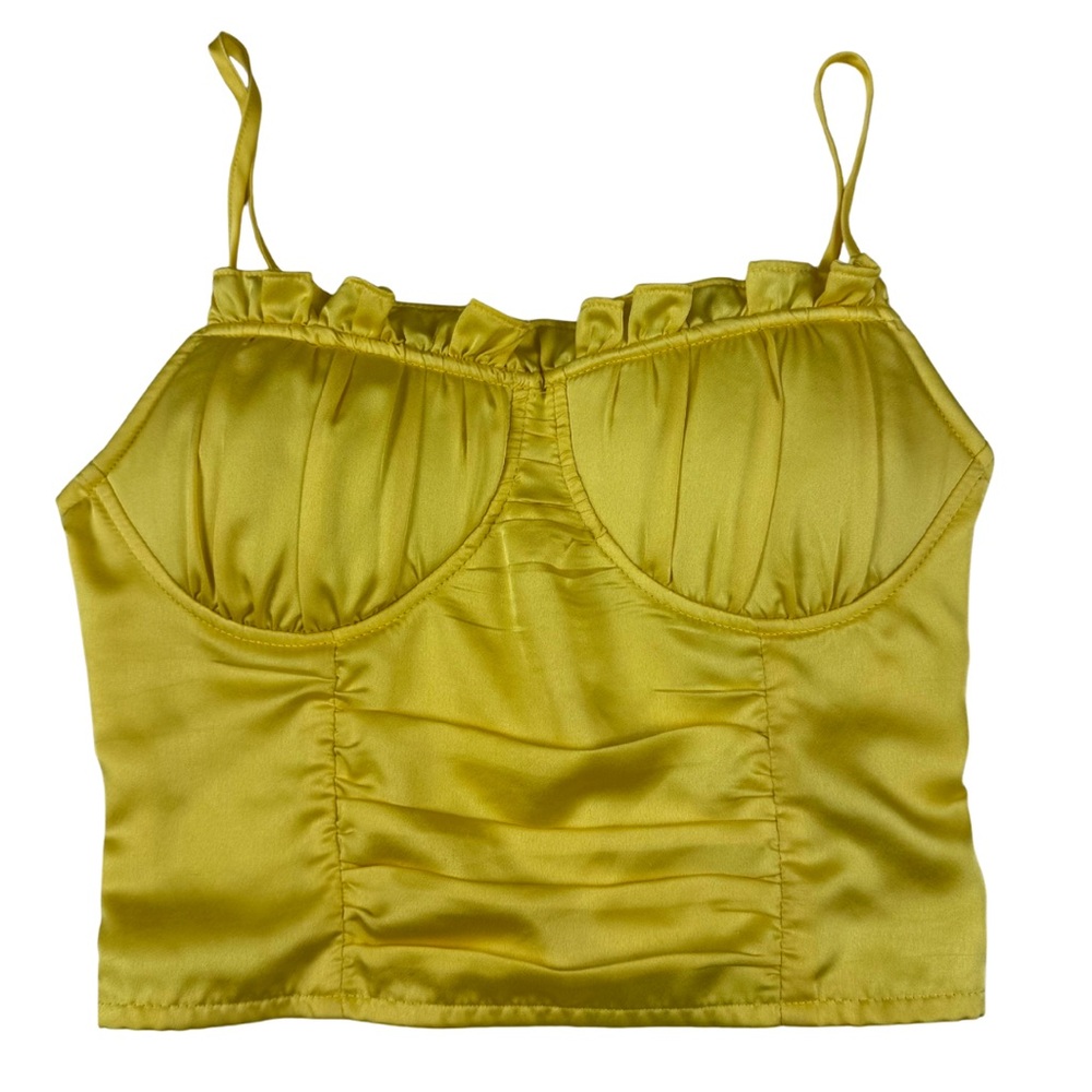 Y2K Fairycore Cropped Yellow Tank Top with Ruffles and Ruching - Small